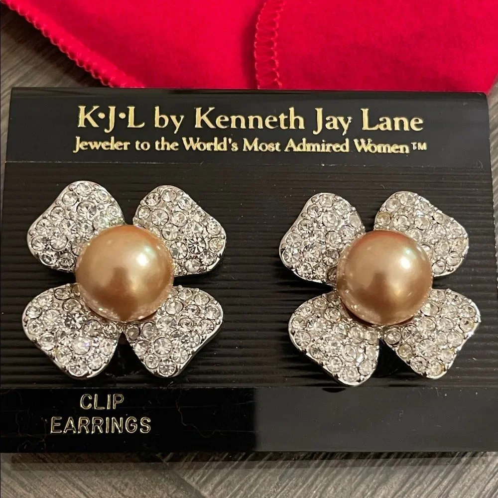 Vintage KJL Kenneth J Lane Rhinestone Pearl Flower Clip Earrings Dogwood Flower